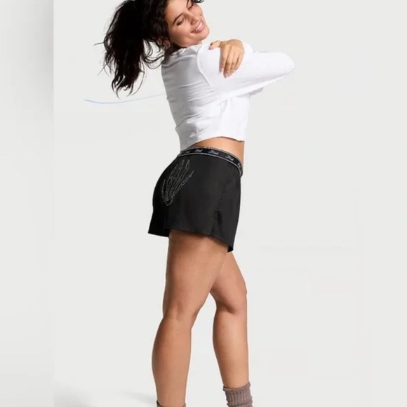 NWT VS Pink Rhinestone Skeleton Hands Black Satin Sleep Shorts Small Boxers - Picture 2 of 9